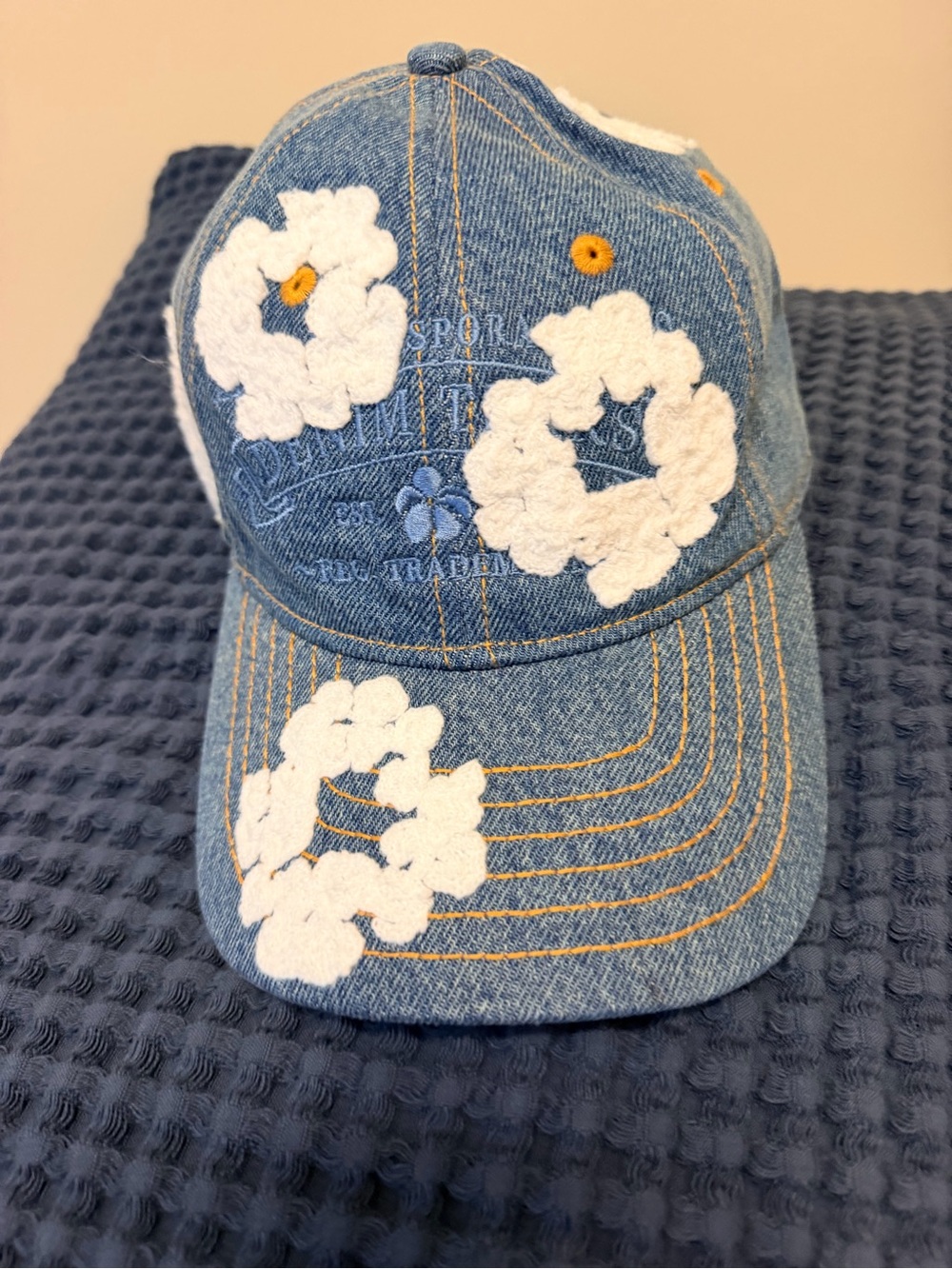 Denim Baseball Cap with White Floral Appliqué